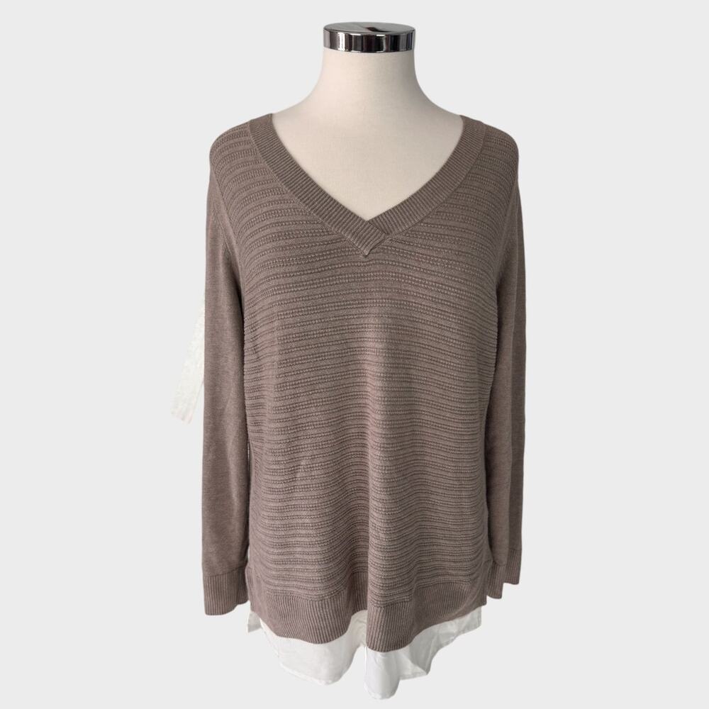 Hilary Radley Large 2 Fer Blouse Look Under V Neck Pullover Sweater Light Brown